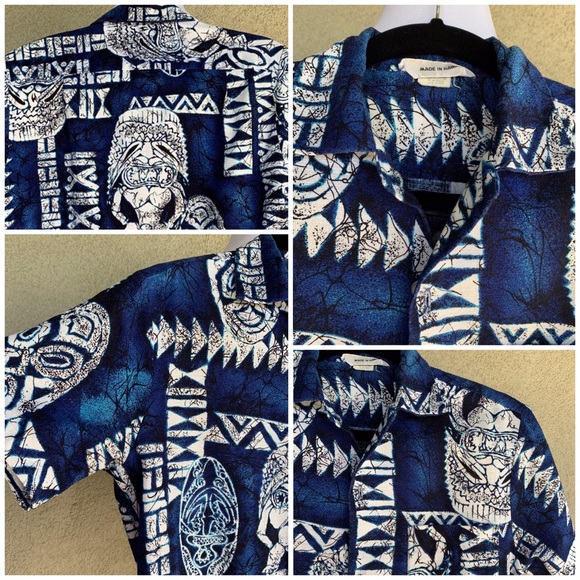 🌺 Vintage Hawaiian Barkcloth Dress & Shirt Set Tikis - Picture 12 of 16